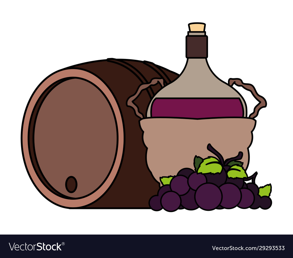 Bottle wine in wicker basket and grapes