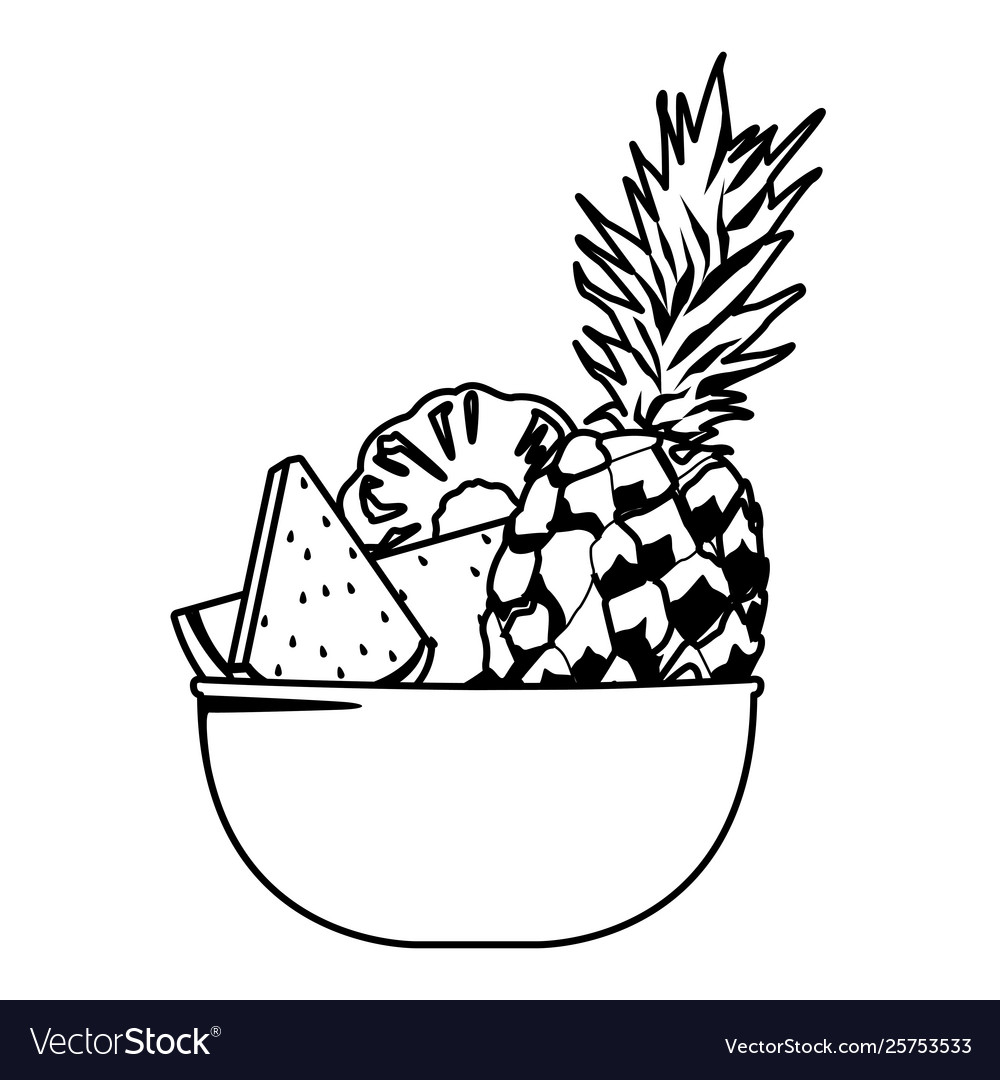 Fresh fruits in bowl cartoon black and white Vector Image