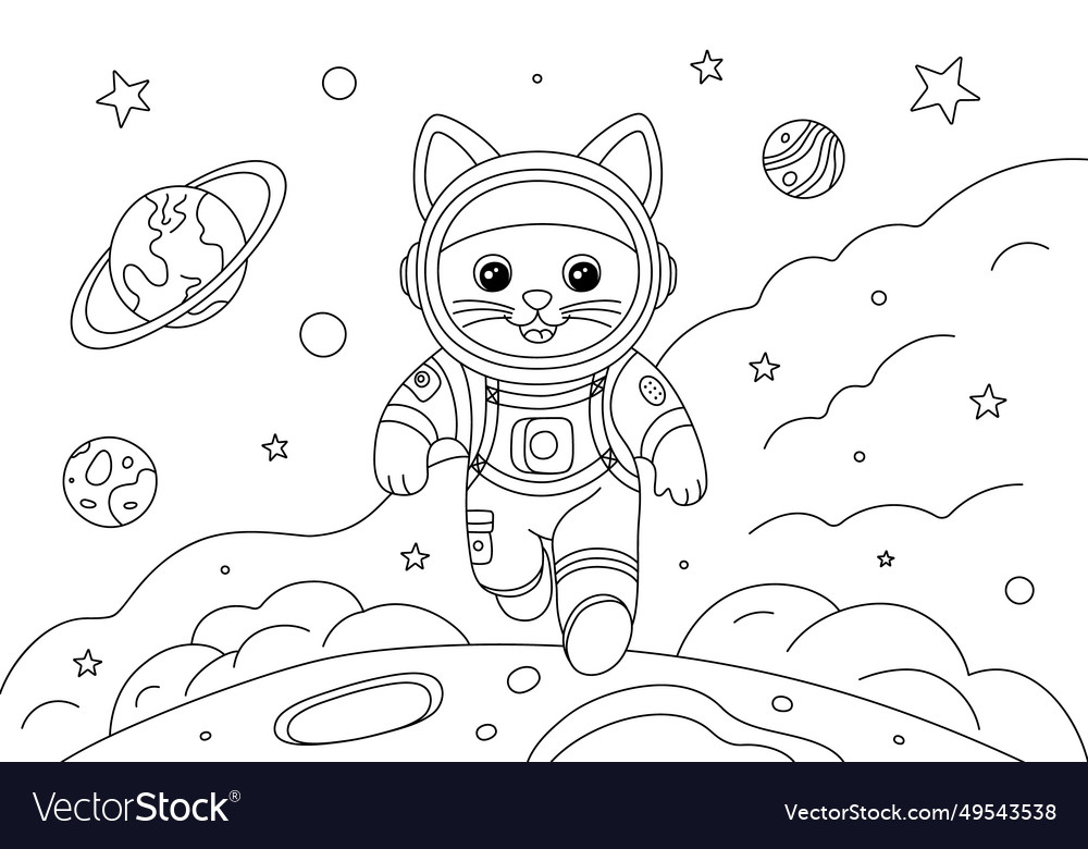 Coloring page with running astronaut cat in space