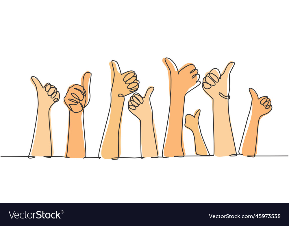 One line drawing of people arm hands raising