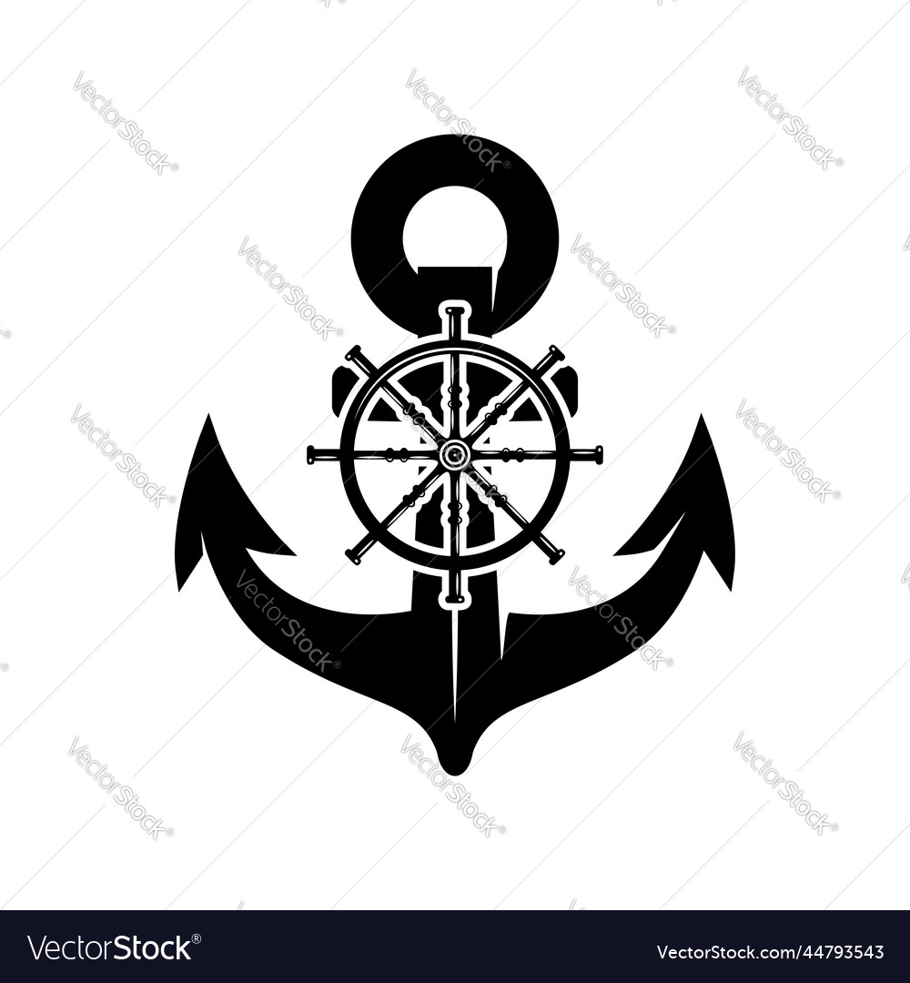 An anchor with ship steering wheel in monochrome Vector Image