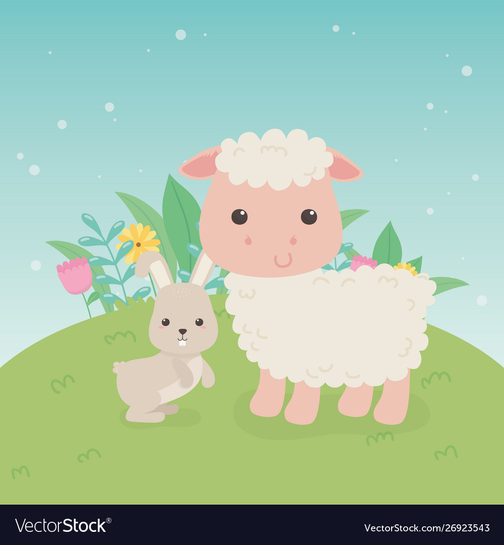 Cute sheep and rabbit animals farm characters