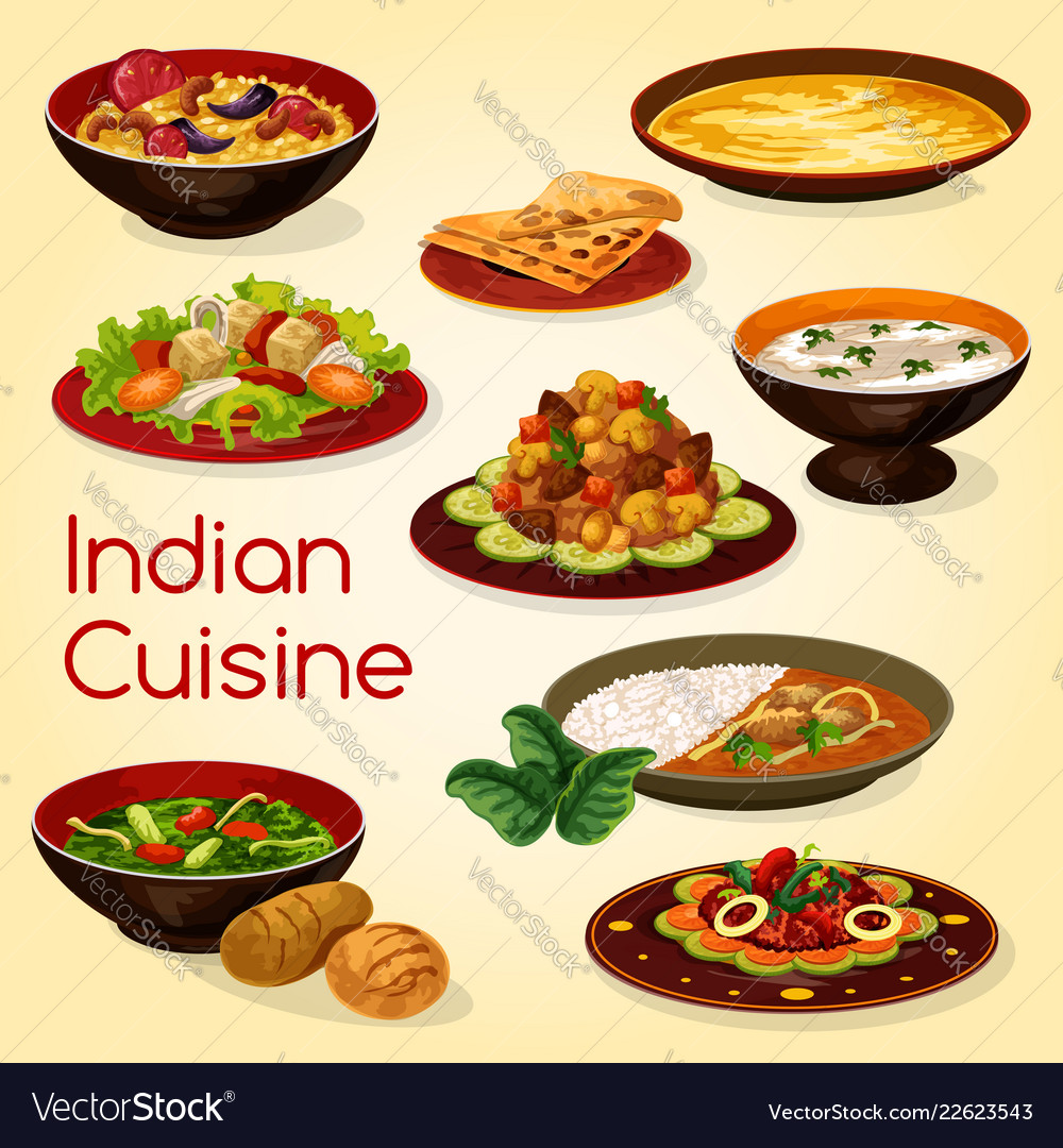 Indian cuisine rice meat and vegetable dishes Vector Image