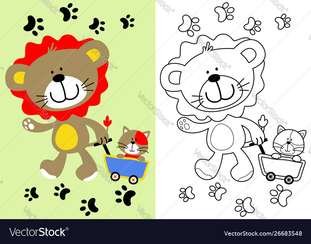 Cartoon lion and little cat coloring book