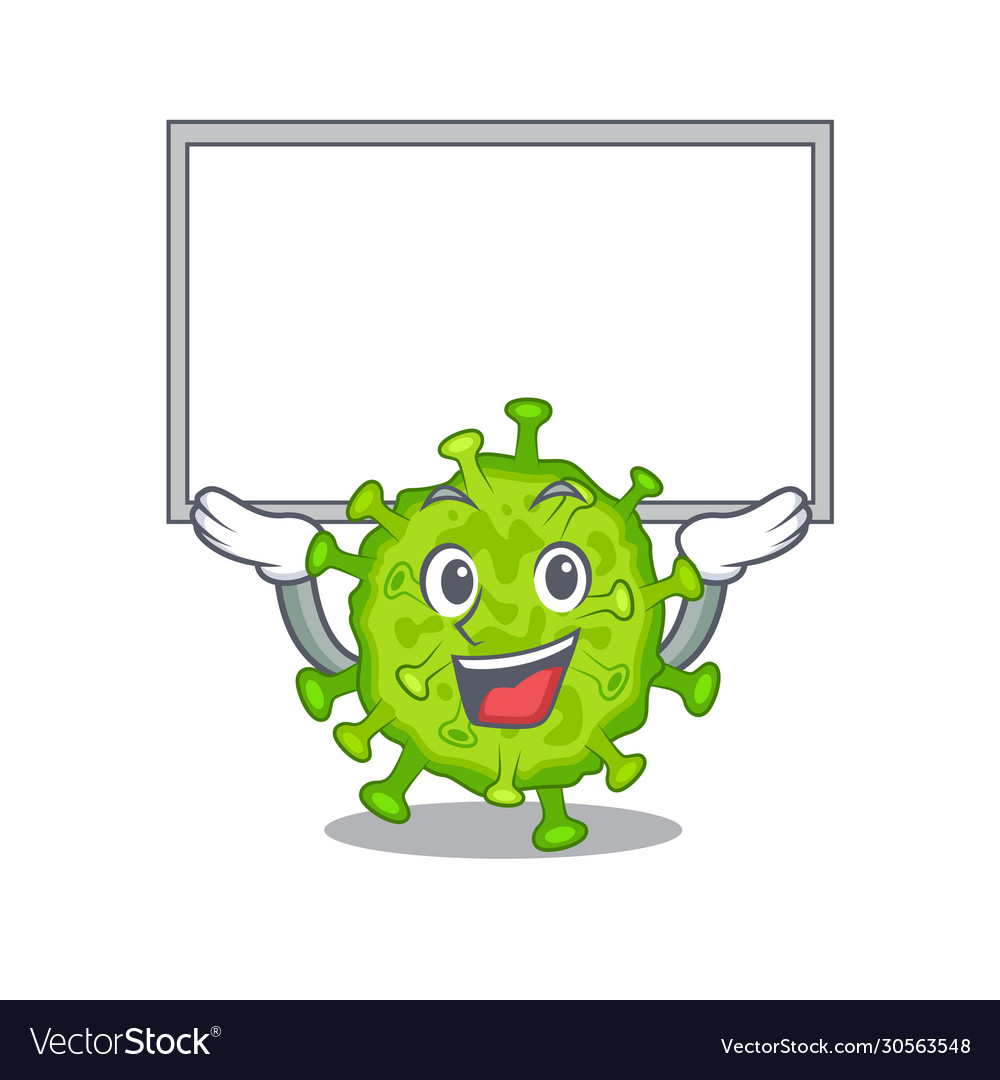 Happy cartoon virus corona cell raised up board