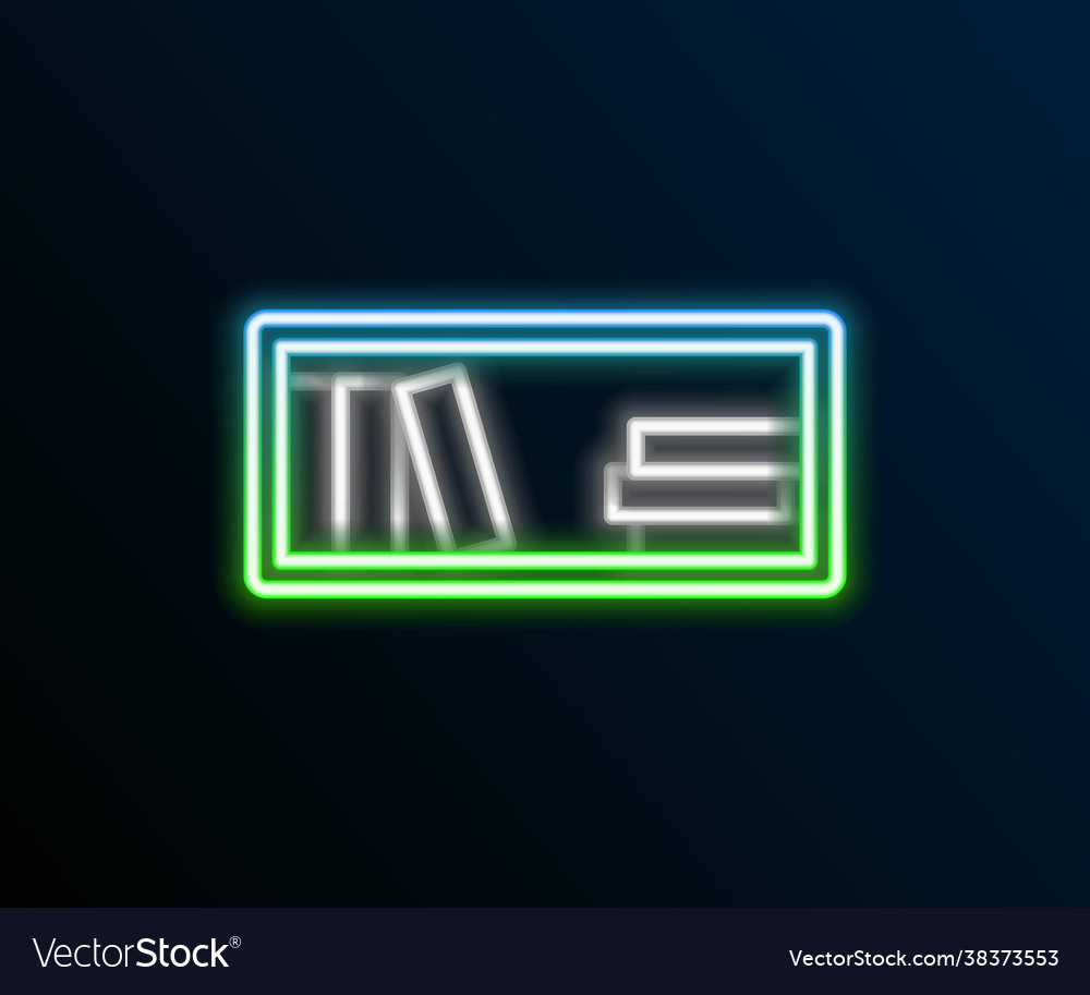 Glowing neon line shelf with books icon isolated