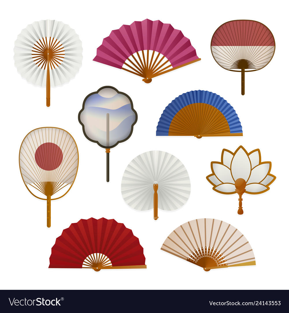 Hand paper fan set oriental beautiful cooling Vector Image
