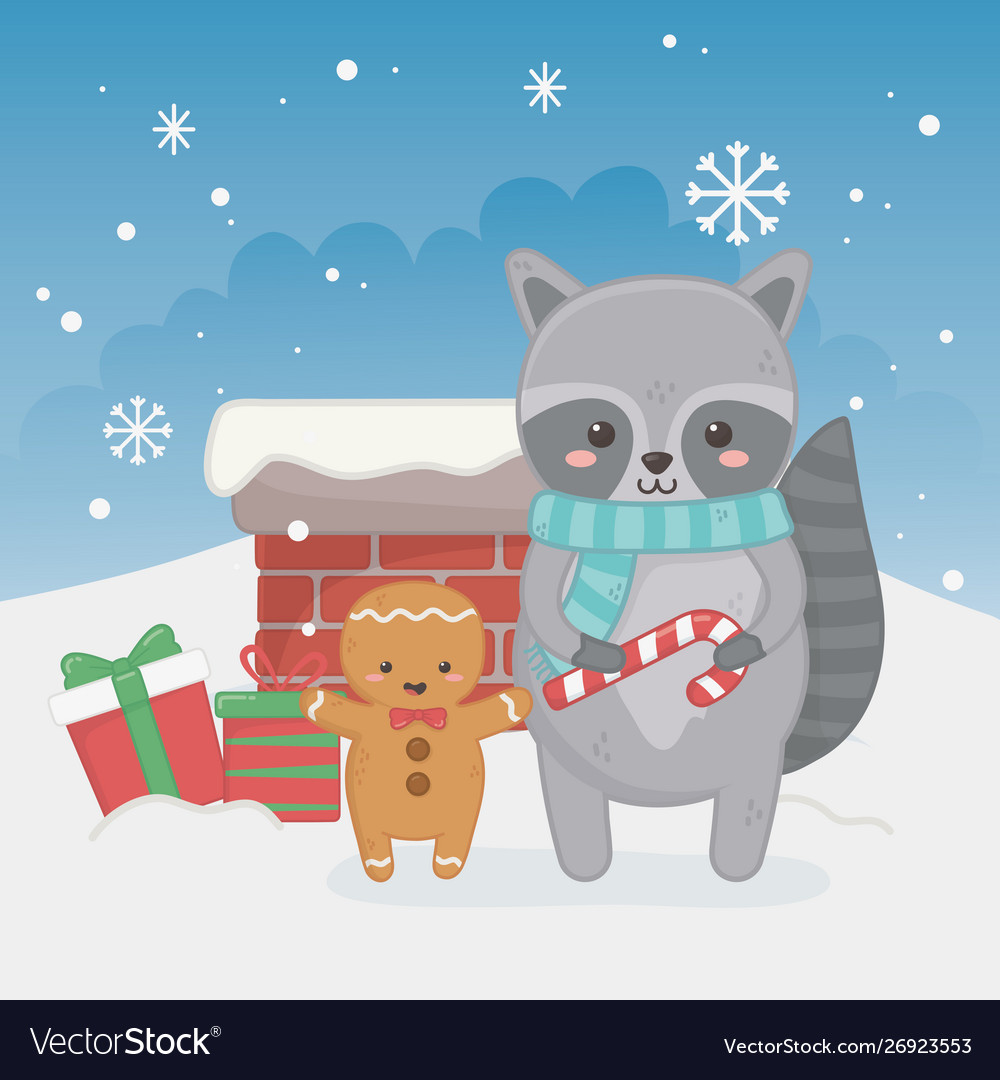 Happy merry christmas card with raccon character