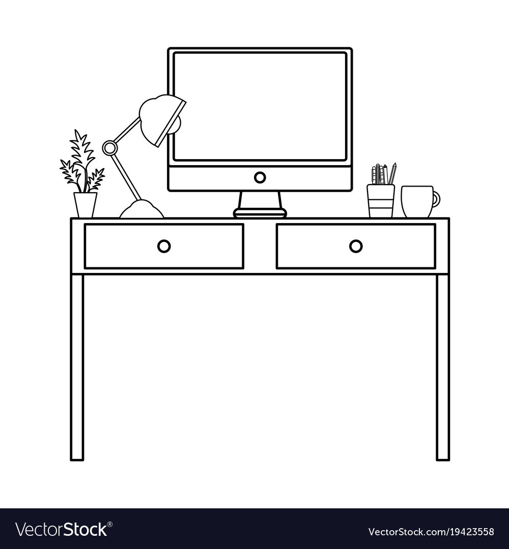 Line office desk with lamp and computer screen