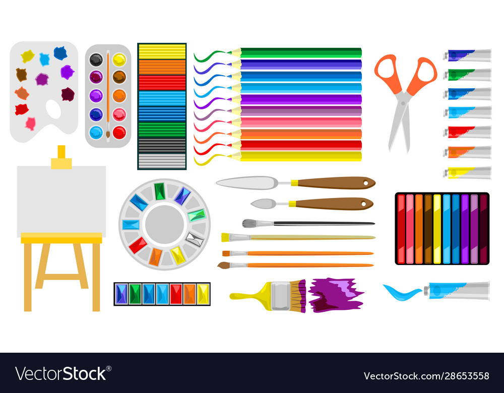 Painter art tools supplies easel canvas Royalty Free Vector