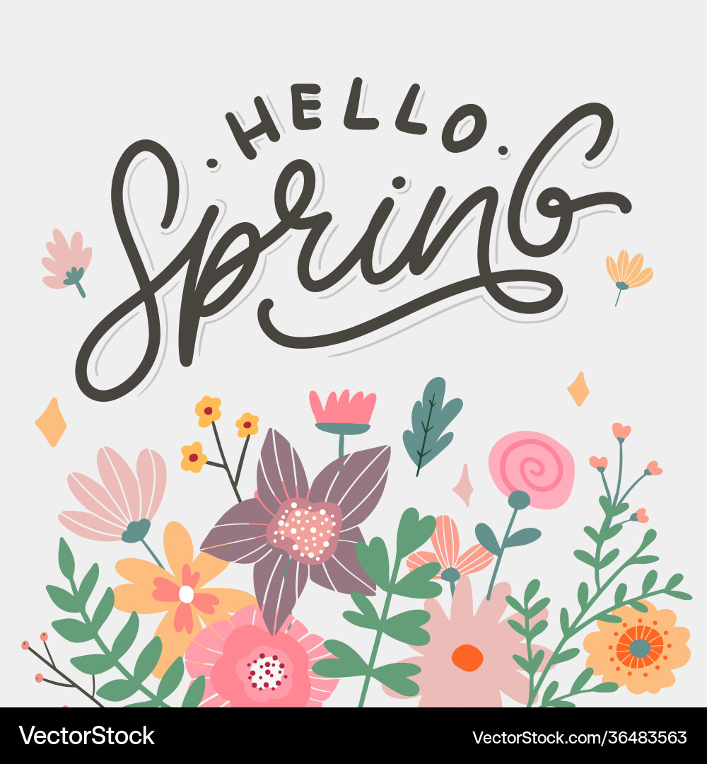 Hello spring flowers text background frame Vector Image