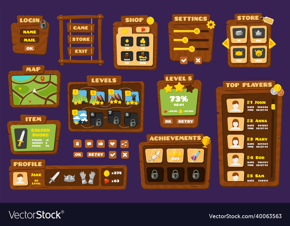 Ui game buttons gaming kit panels Royalty Free Vector Image