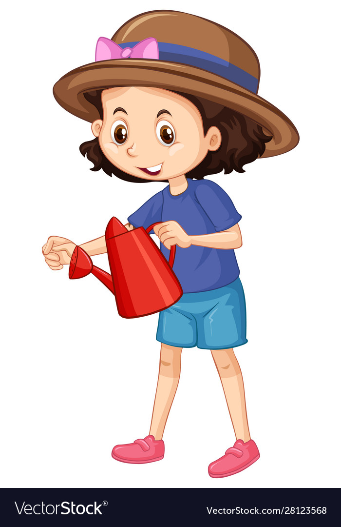 One happy girl with red watering can Royalty Free Vector