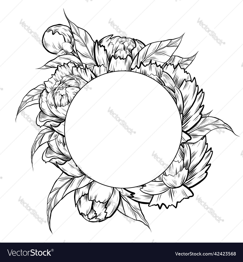 Round frame with sketch peony flowers Royalty Free Vector