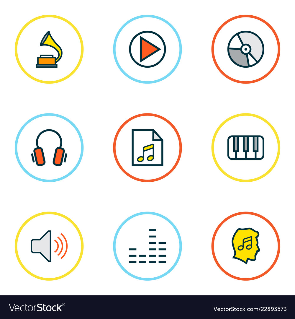 Audio icons colored line set with headphone music