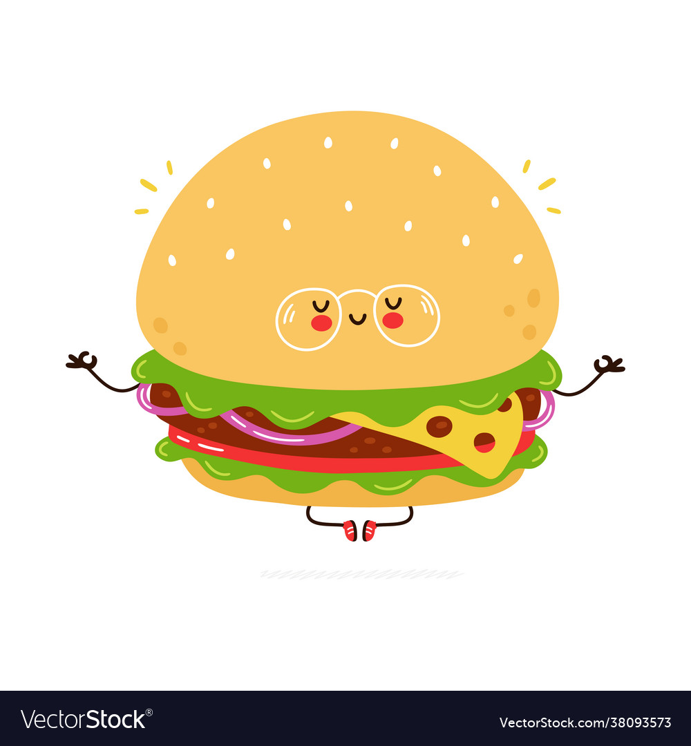 Cute funny burger in glasses character meditate Vector Image