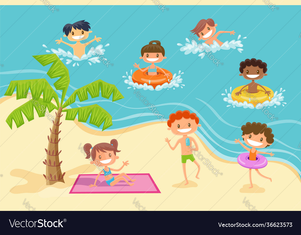 Funny children playing at beach summer time Vector Image