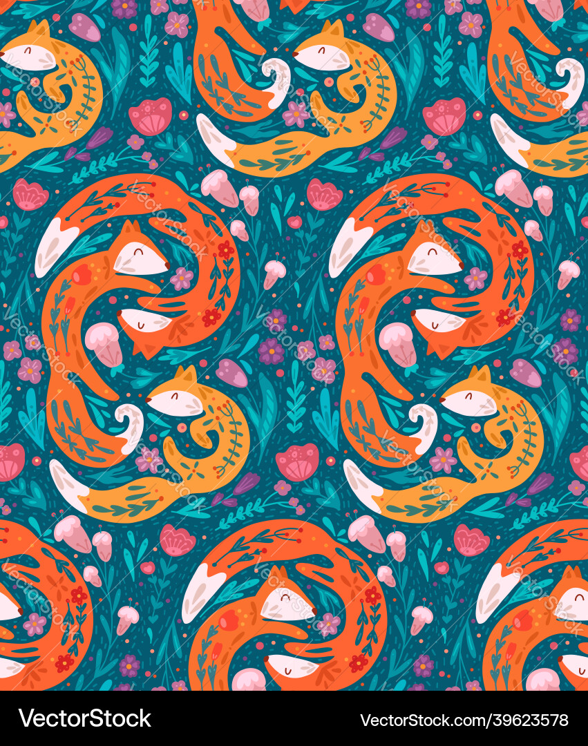 Seamless pattern with fox family folk Royalty Free Vector