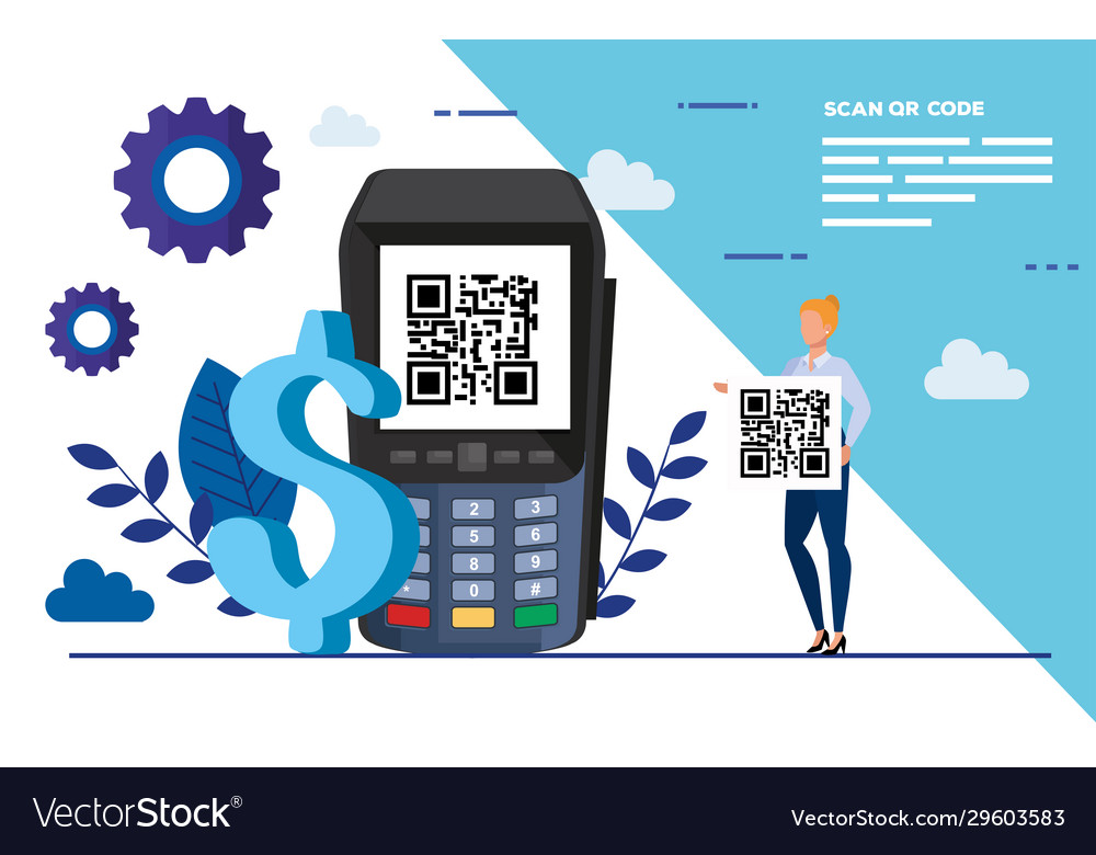 Scan qr code with business woman and icons