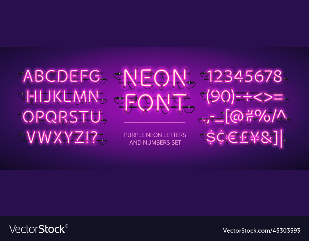 Purple glowing neon font Royalty Free Vector Image