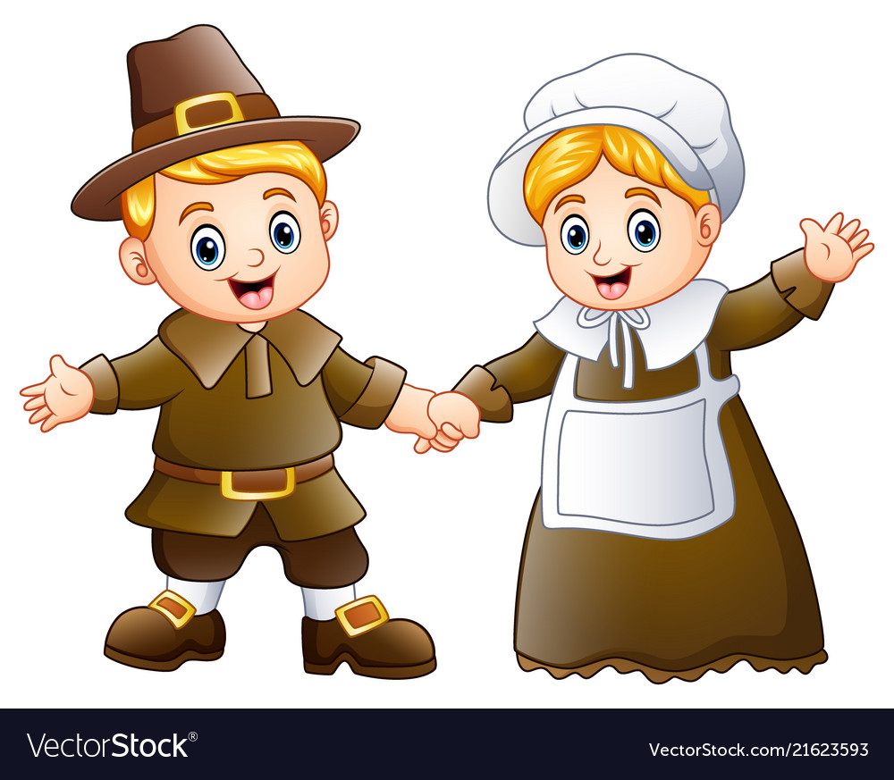 Thanksgiving Day Pilgrim Couple Waving Royalty Free Vector