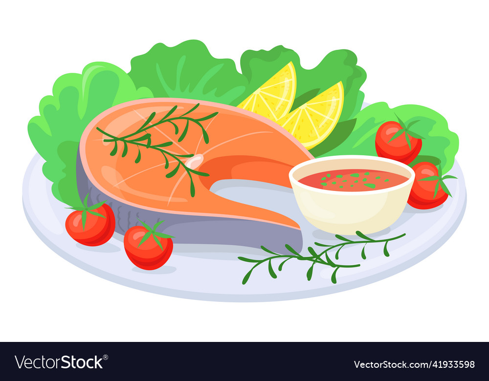 Salmon steak plate with seasoning and sauce Vector Image