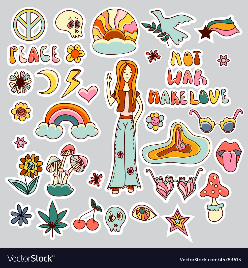 Hand drawn doodle hippies stickers set not war