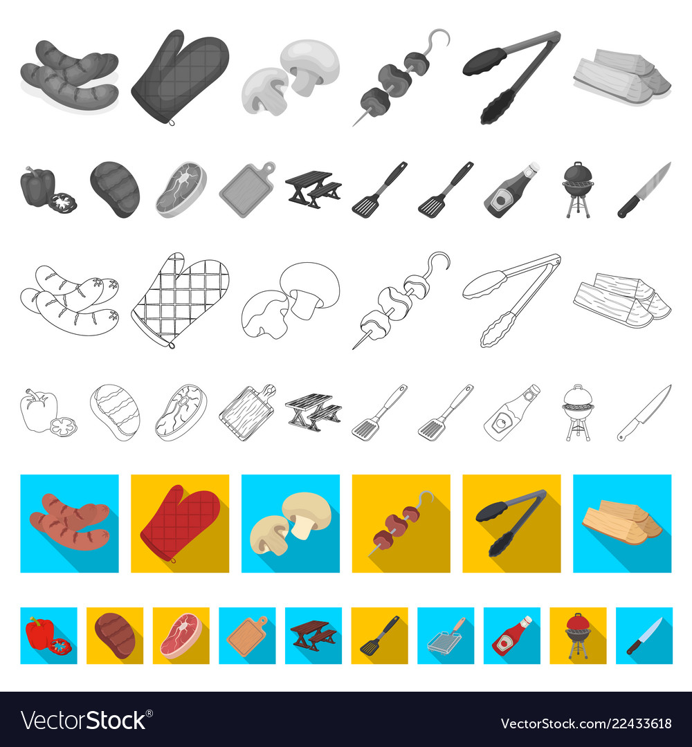 Barbecue and equipment flat icons in set Vector Image