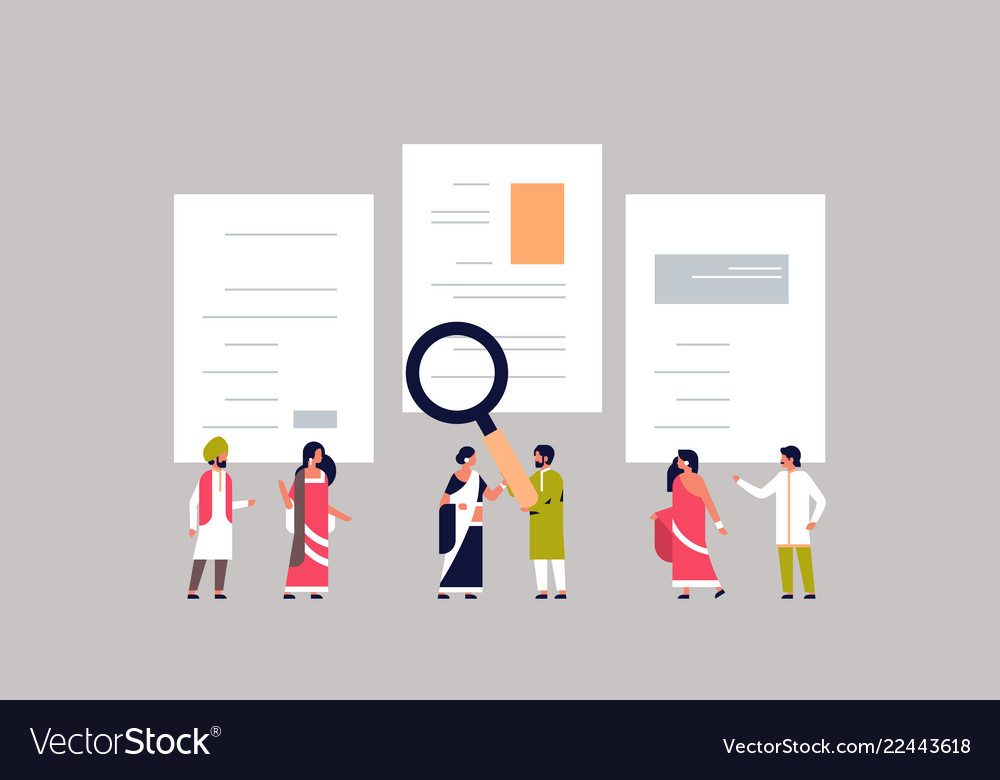 Indian man hold magnifying zoom cv resume team