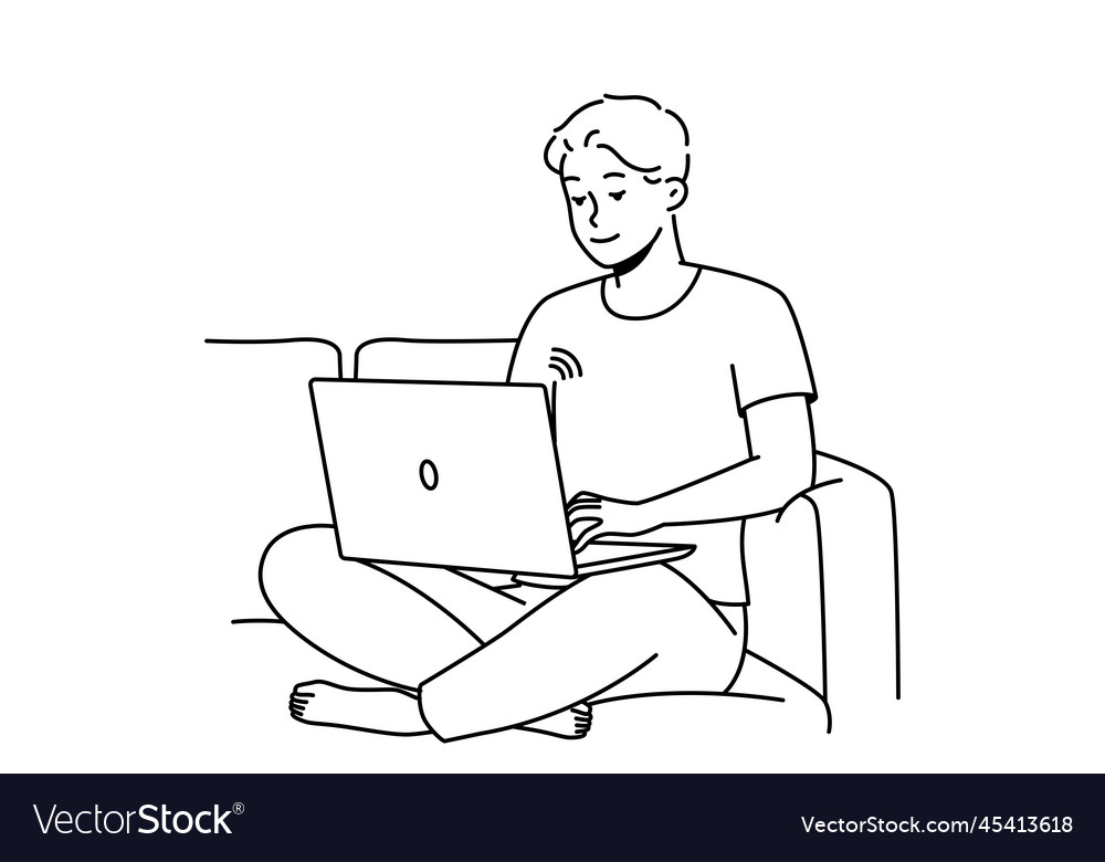 Smiling man on couch using laptop Royalty Free Vector Image