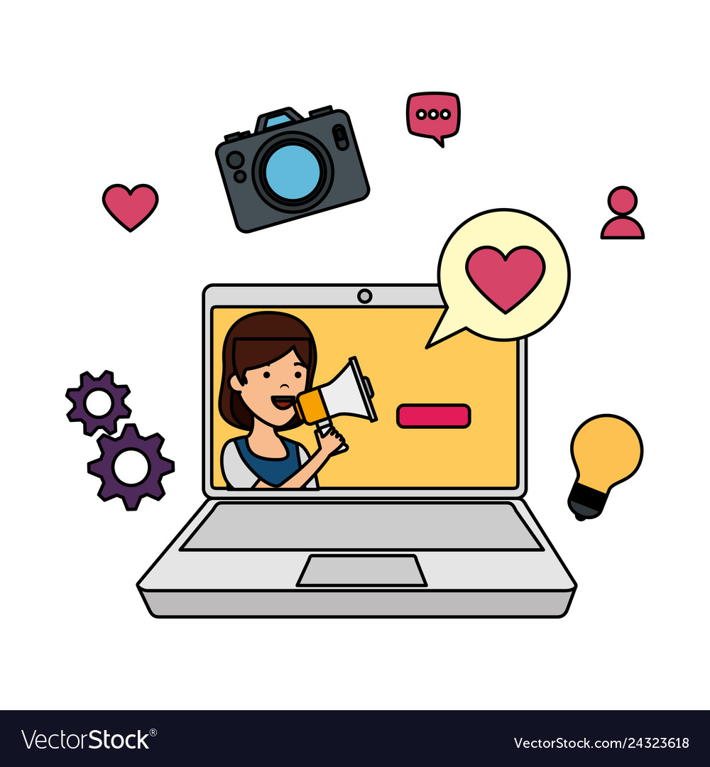 Young woman in laptop with social media icons