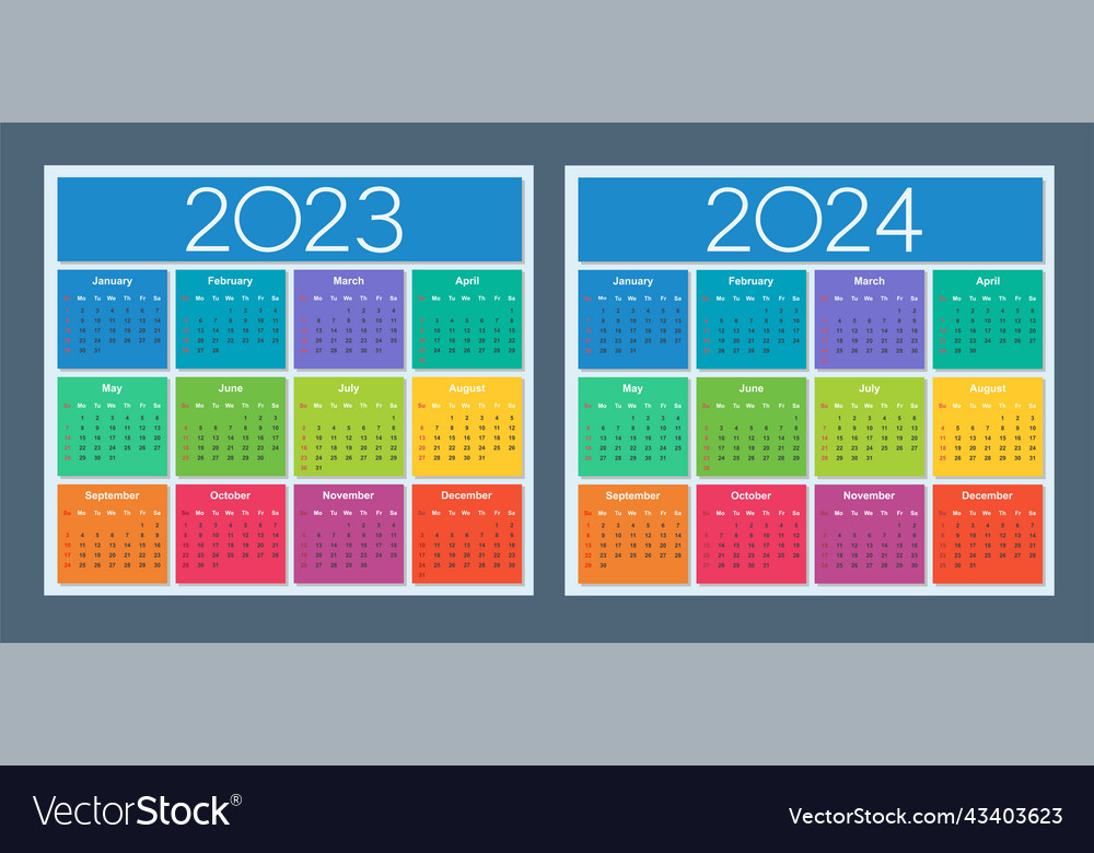 Colorful Calendar For 2023 And 2024 Years Week Vector Image