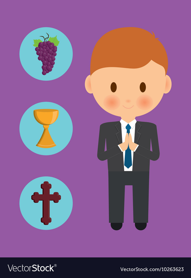 Cross cup grapes boy kid cartoon icon Royalty Free Vector