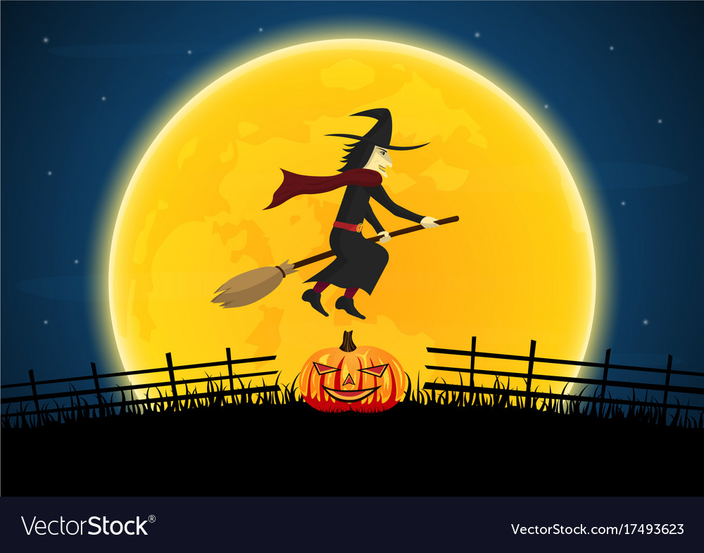 witch on a broom in moon