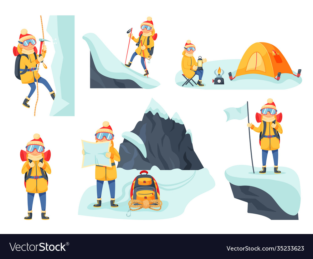 Mountain climber trekking or hiking in winter set