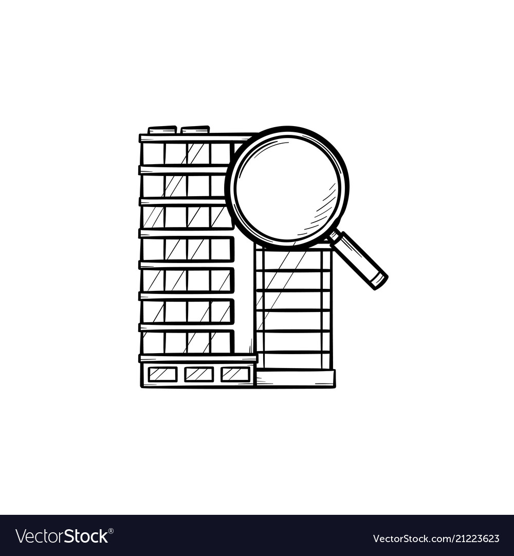 Office building with magnifying glass hand drawn