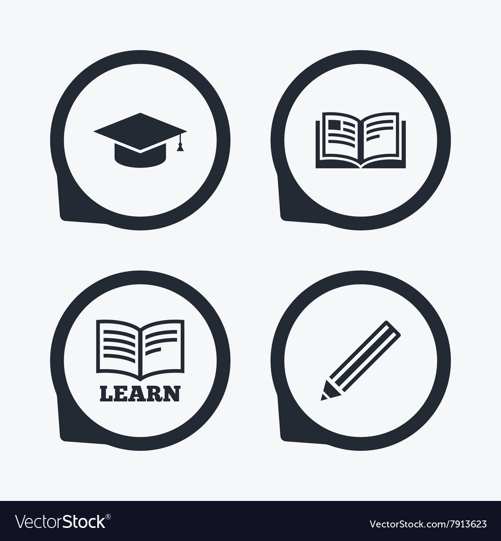 Pencil and open book signs graduation cap icon