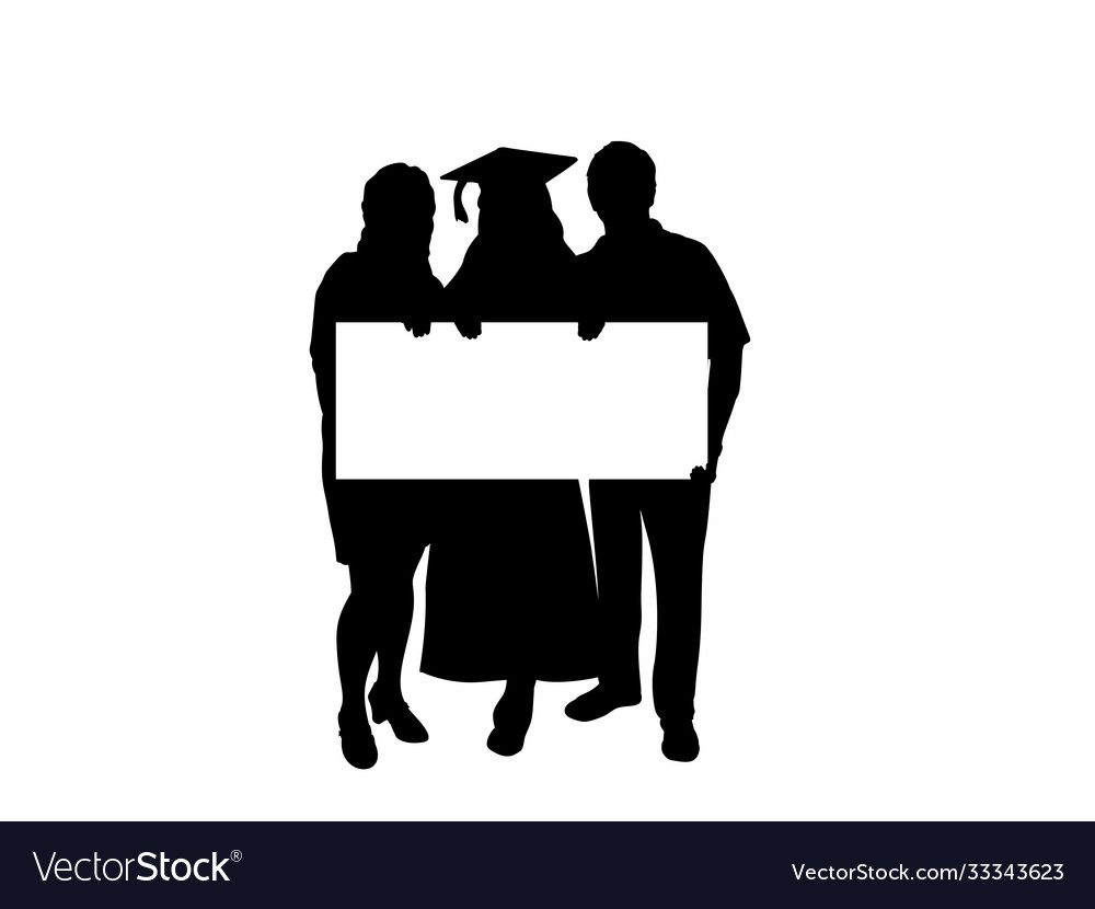 Silhouette graduate with parents holding poster