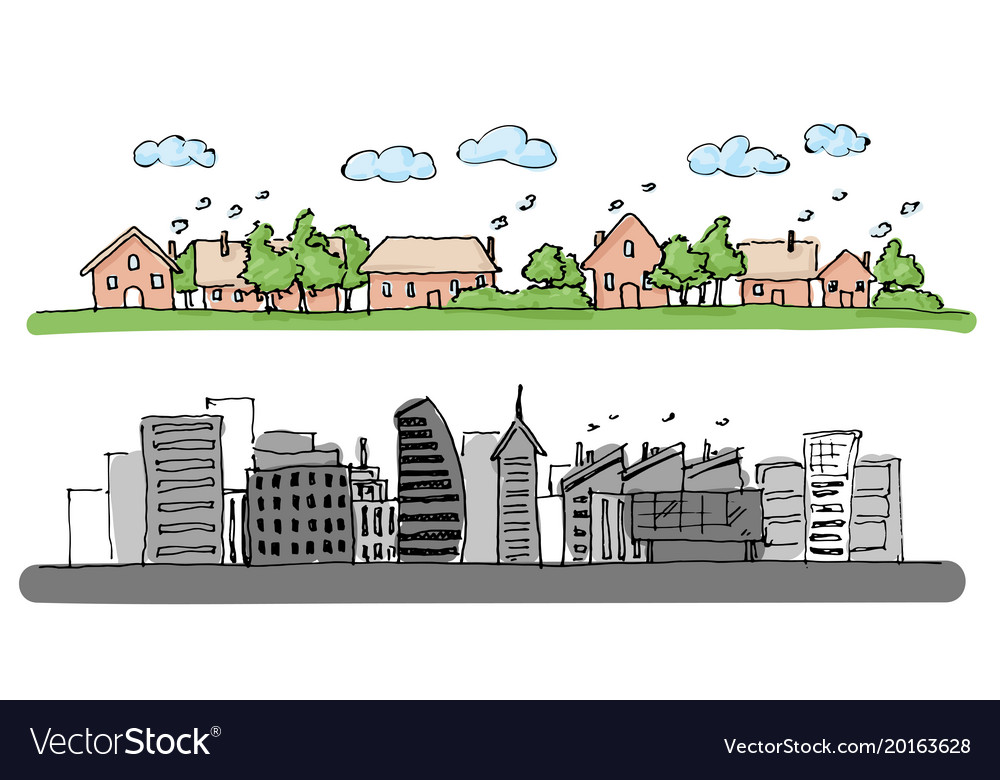 Cartoon hand drawing city and trees with color