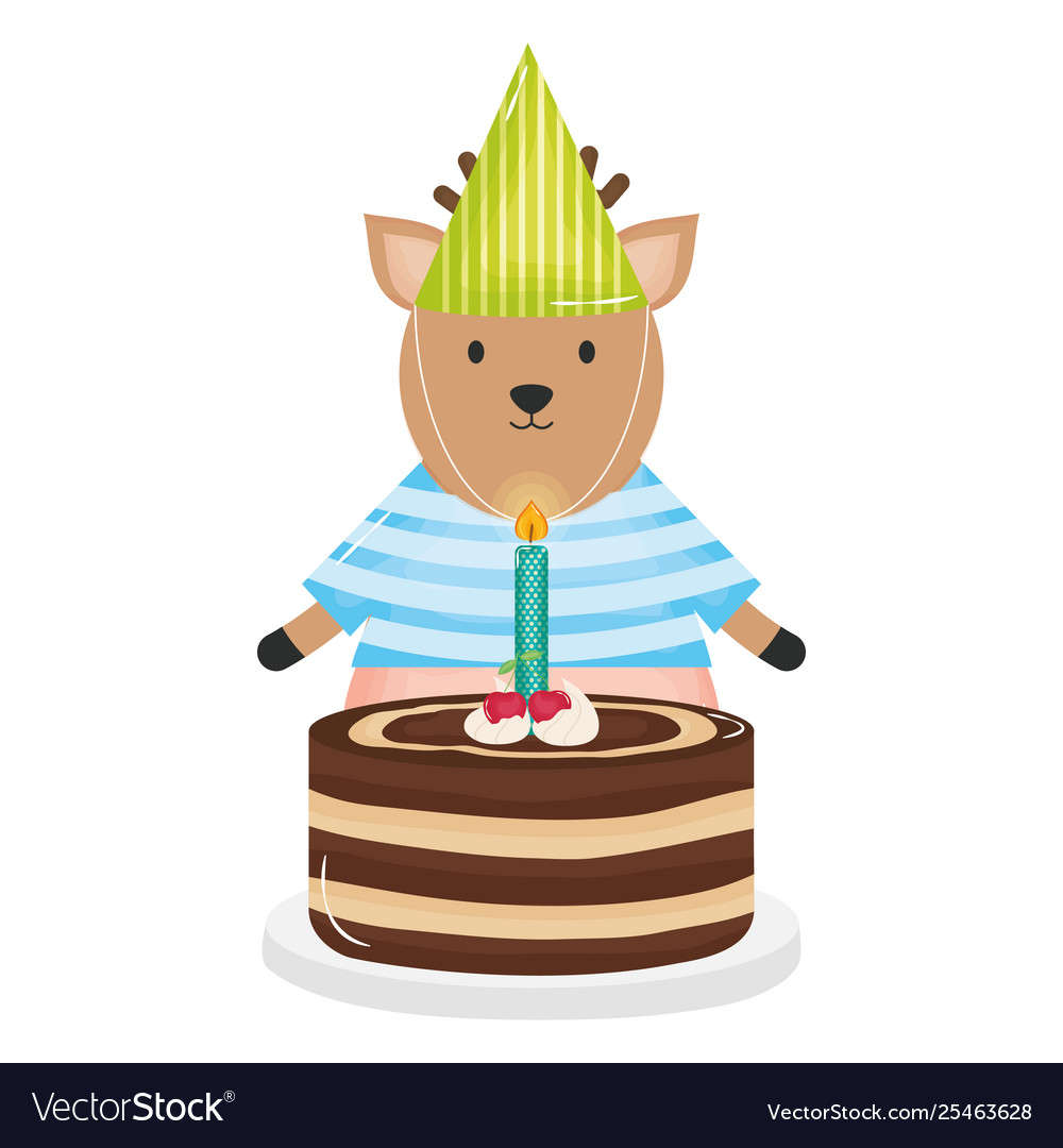 Cute reindeer with sweet cake in party celebration