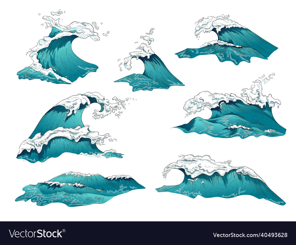 Set of sea or ocean waves in color sketch Vector Image