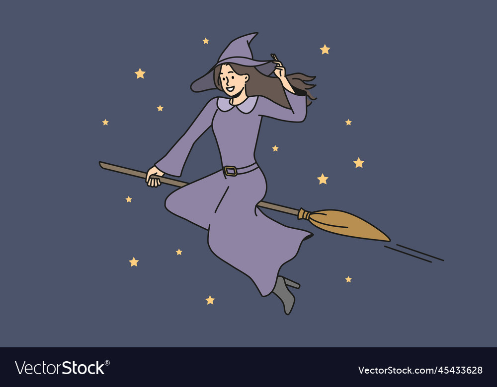 Smiling witch fly in sky on broom