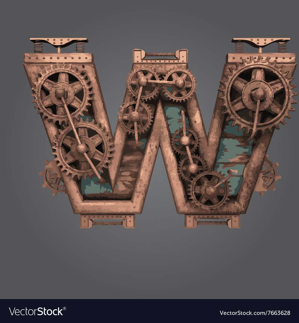 W rusted letter with gears