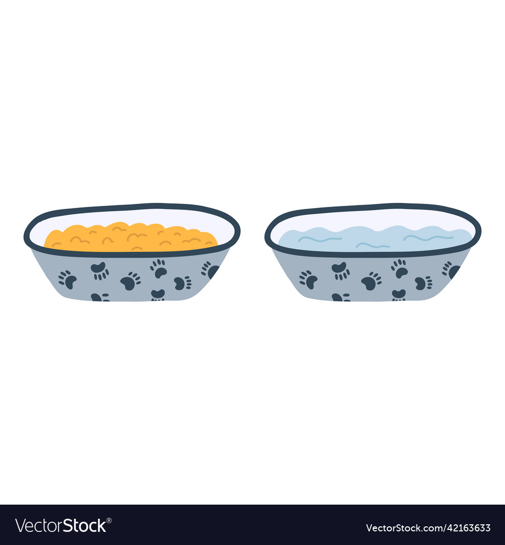 Dog or cat bowl with food and water in cartoon