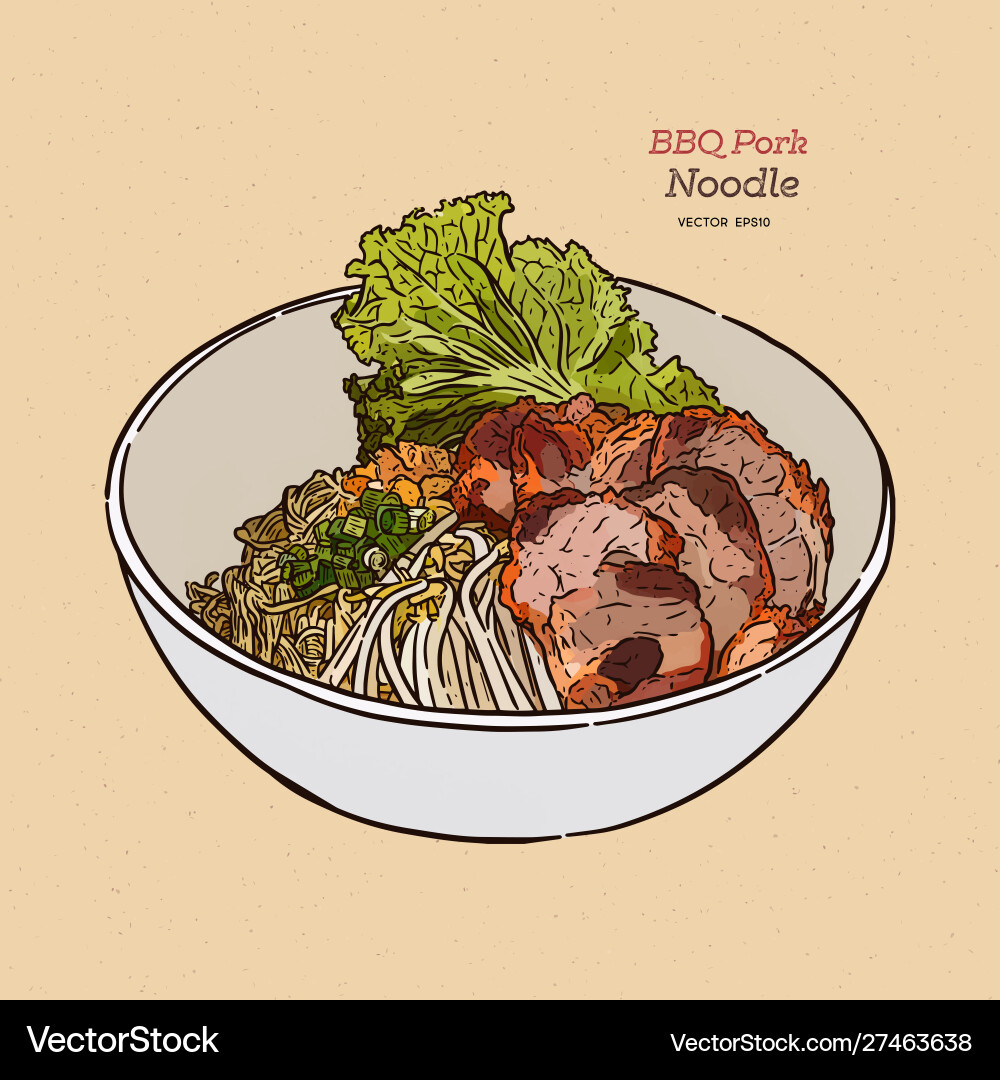 Chinese style bbq pork with egg noodle hand draw Vector Image