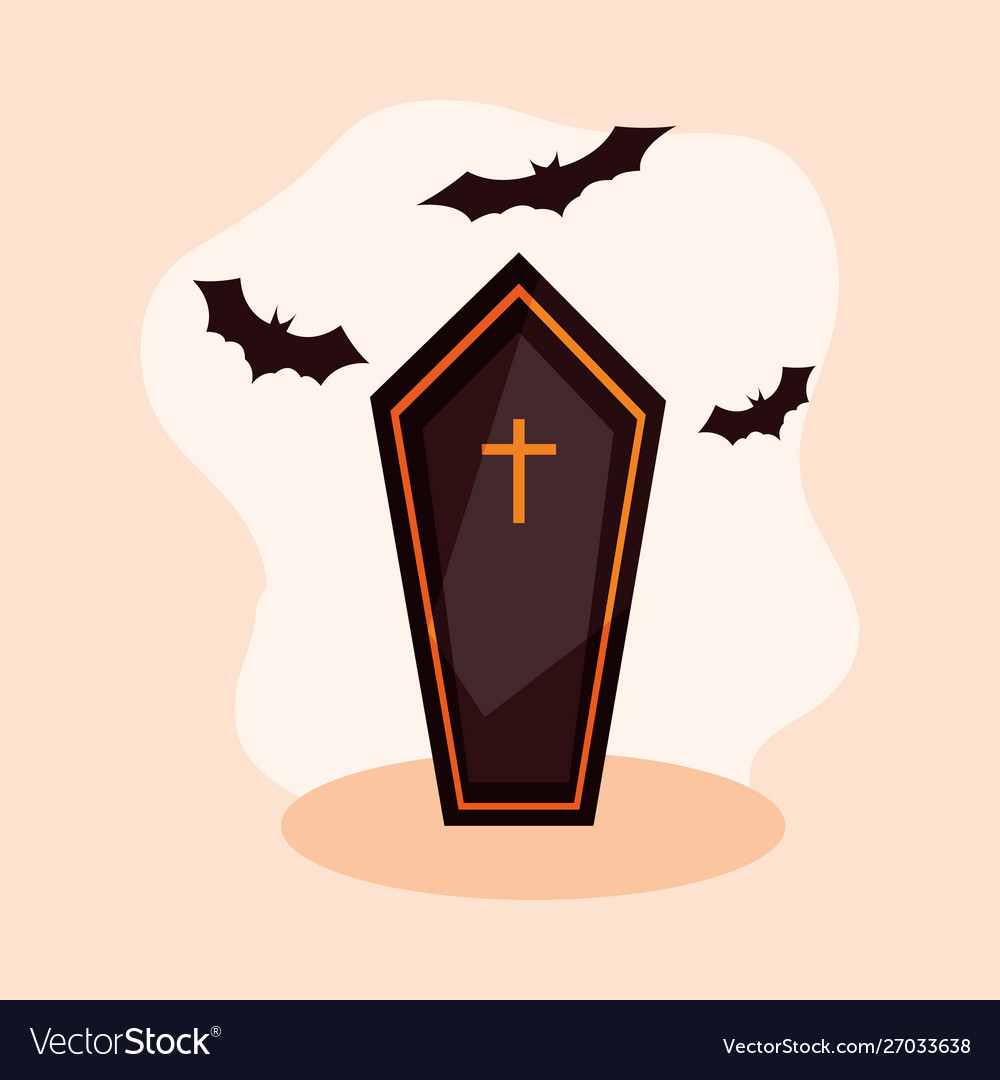 Coffin spooky halloween with bats flying