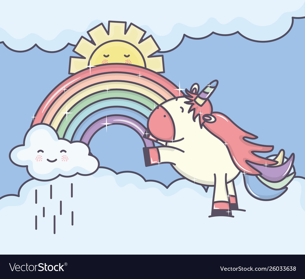 Süße bezaubernde Einhorn mit Wolken und Regenbogen