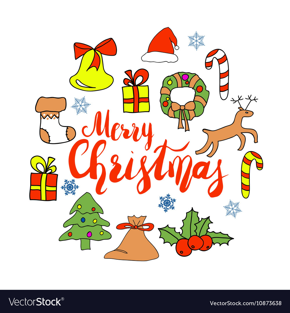 Greeting card design with various xmas ornaments