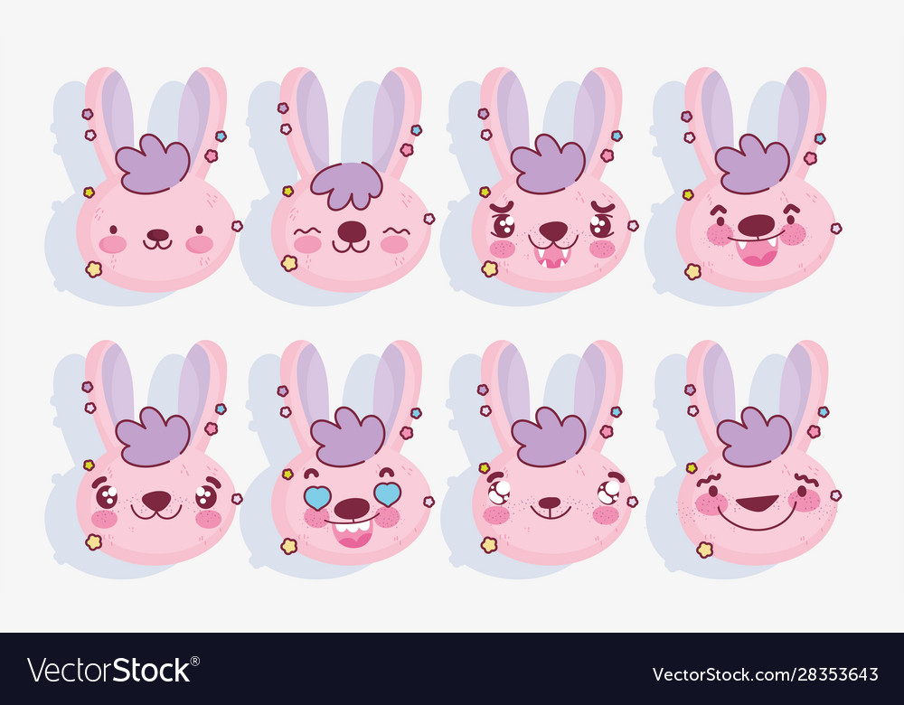 Emojis kawaii cartoon faces cute pink rabbit Vector Image