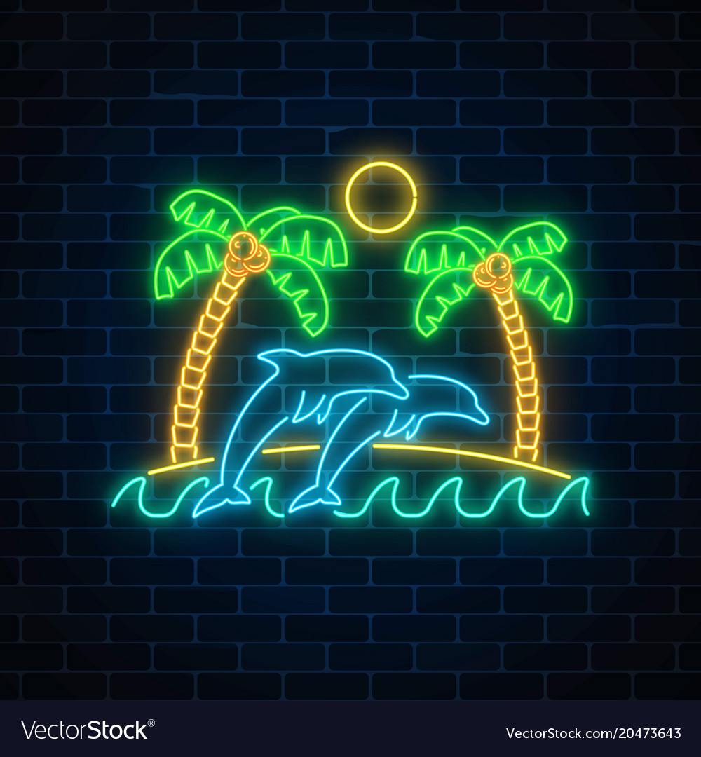 Glowing neon summer sign with palms sun island